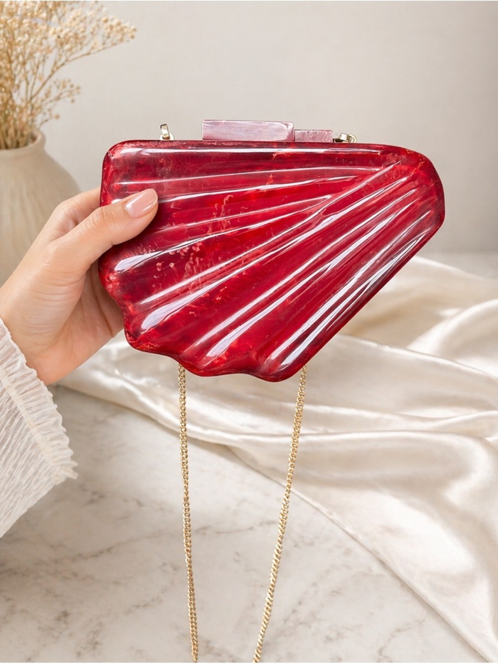 Red Shell Clutch Bag with Gold Chain